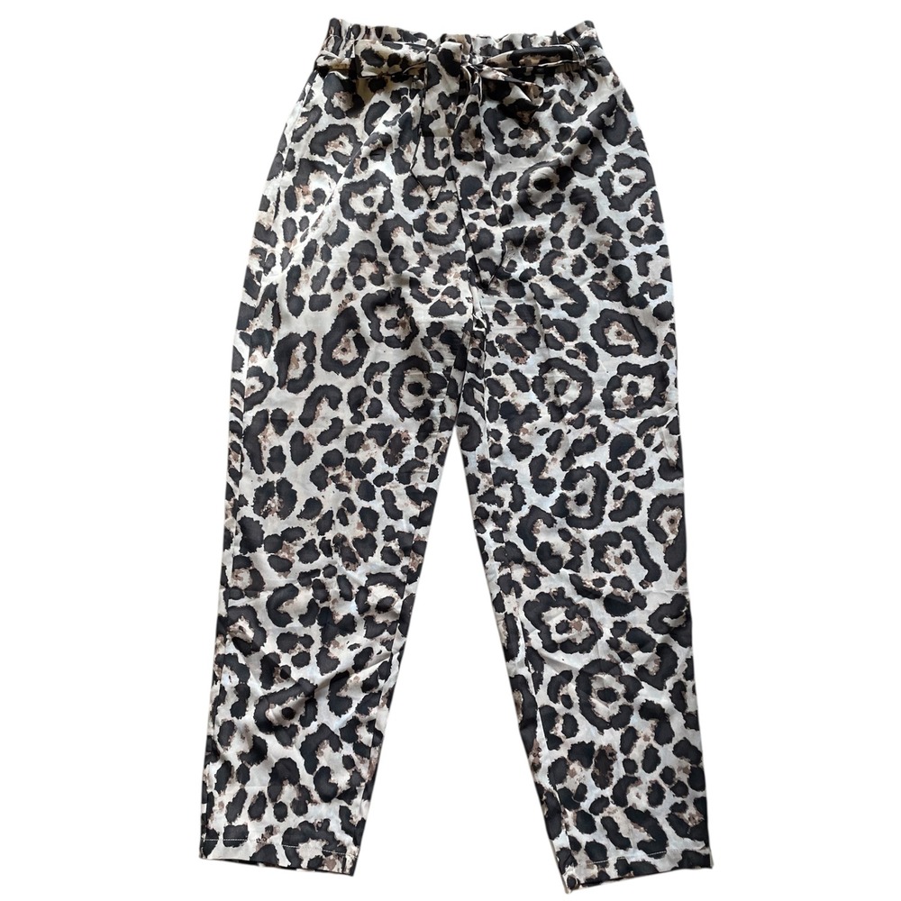 Shein Leopard Print Paper Bag Waist Pants High Rise Casual tapered Trousers belt